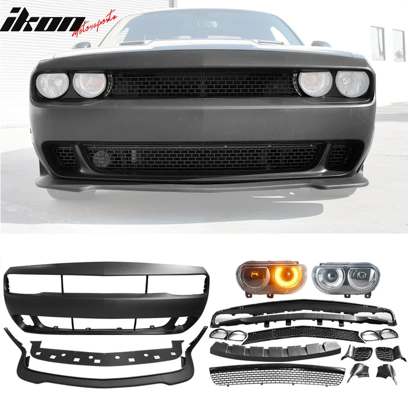 OE/SRT-Style Front Bumper Cover with Lip and Headlights