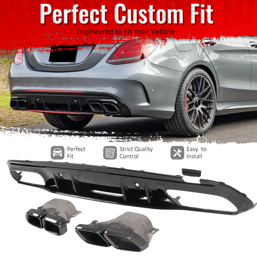 C63 Style Rear Diffuser with Quad Square Exhaust Tips