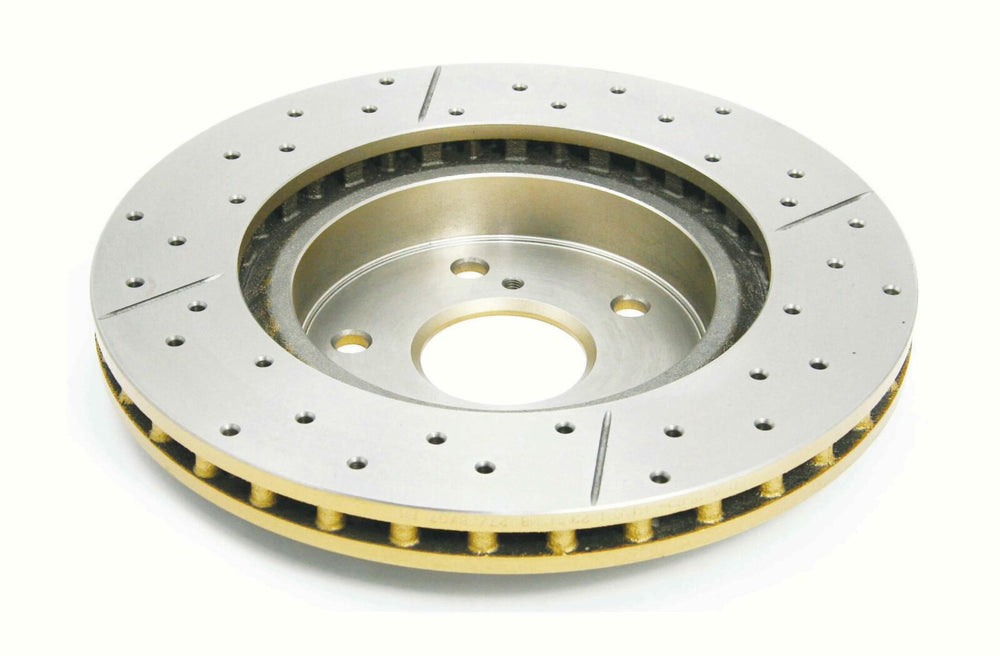 Cross-Drilled and Slotted Rotor with Gold Hub
