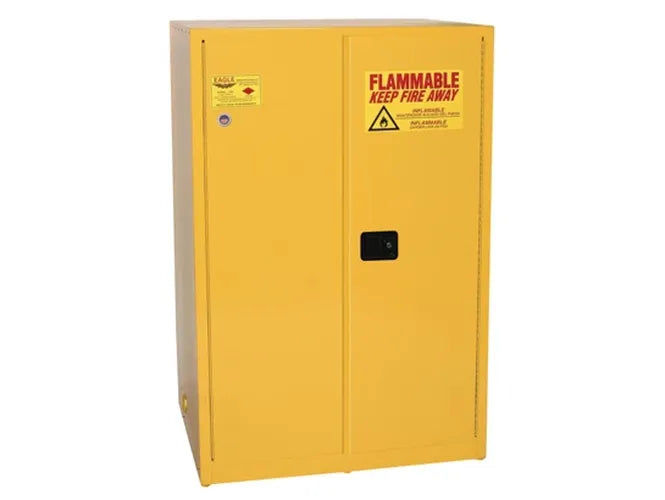 FLAMMABLE LIQUID SAFETY CABINET 90 GAL 2 SHELVES 2 DOOR SELF CLOSE YELLOW