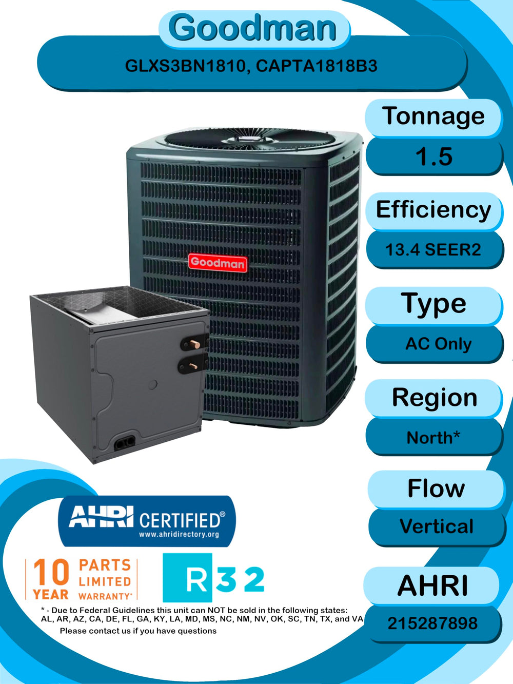 GLXS3B SINGLE STAGE 13.4 SEER2 SPLIT AIR CONDITIONER 1.5 TON NONCOMMUNICATING