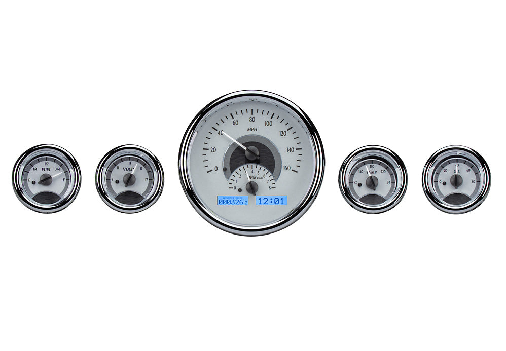 FIVEGAUGE ROUND UNIVERSAL VHX SYSTEM SILVER ALLOY STYLE FACE BLUE DISPLAY