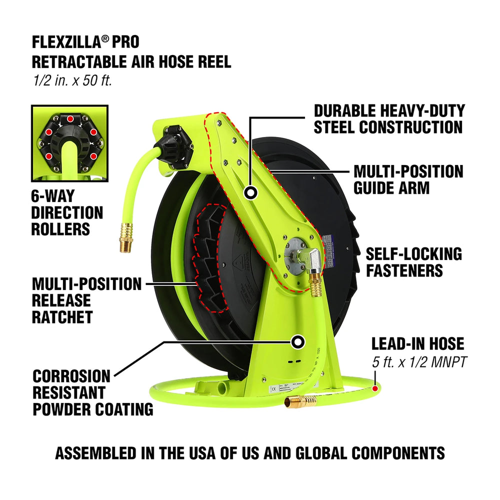 FZP RETRACTABLE AIR HOSE REEL OPEN SINGLE ARM 1/2IN 50FT