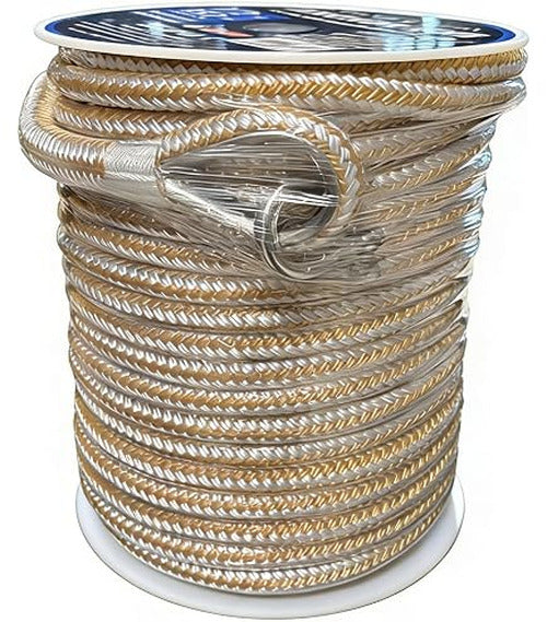 BOATTECTOR PREMIUM DOUBLE BRAID NYLON ANCHOR LINE WITH THIMBLE 5/8IN X 600FT WHITE & GOLD