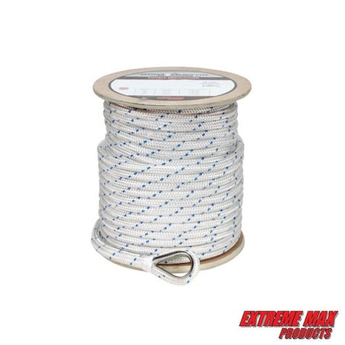 BOATTECTOR DOUBLE BRAID NYLON ANCHOR LINE WITH THIMBLE 3/4IN X 300FT WHITE WITH BLUE TRACER