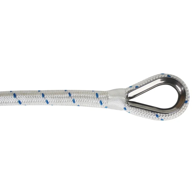 BOATTECTOR DOUBLE BRAID NYLON ANCHOR LINE WITH THIMBLE 5/8IN X 200FT WHITE WITH BLUE TRACER