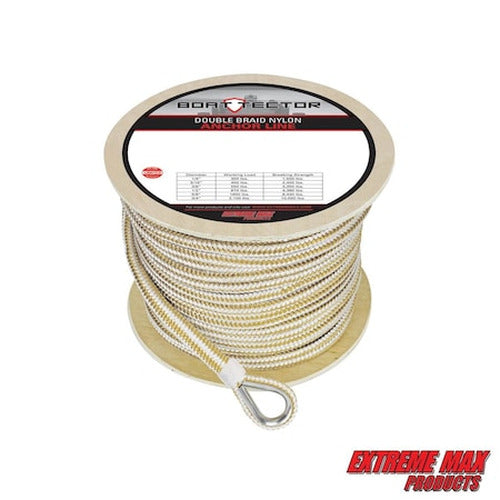 BOATTECTOR PREMIUM DOUBLE BRAID NYLON ANCHOR LINE WITH THIMBLE 1/2IN X 250FT WHITE & GOLD