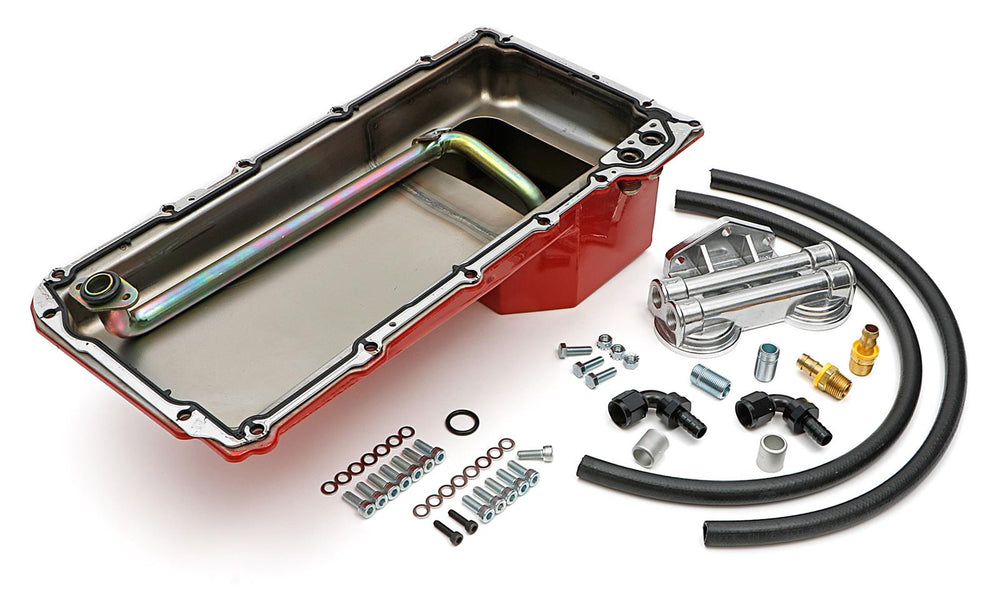 LS SWAP OIL PAN & FILTER RELOCATION KIT DOUBLE FILTER HORIZONTAL PORT RED