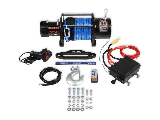 WINCH W/ SYNTHETIC ROPE & ALUMINUM FAIRLEAD 17000 LBS 12V BLACK