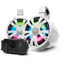 2PACK WHITE 8IN SPEAKERS ONE AMPLIFIED + BATTERY ONE NON AMPLIFIED